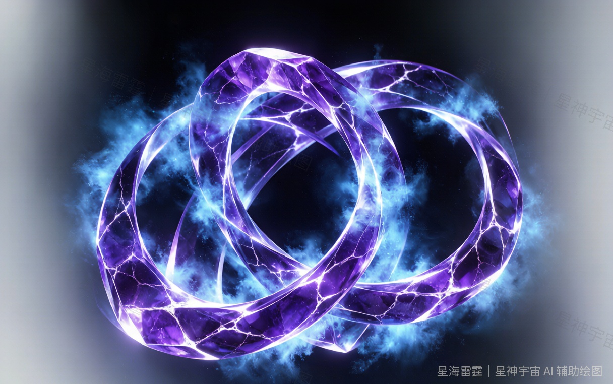 吞流回廊·三道霓虹紫能量流绕同一圆心旋转