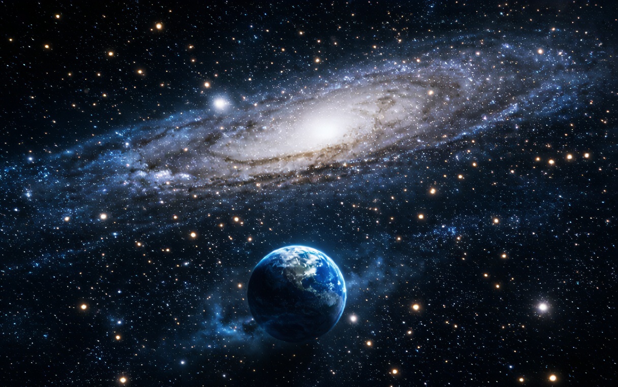 蓝色星球悬在星海一角，上方是完整的银河